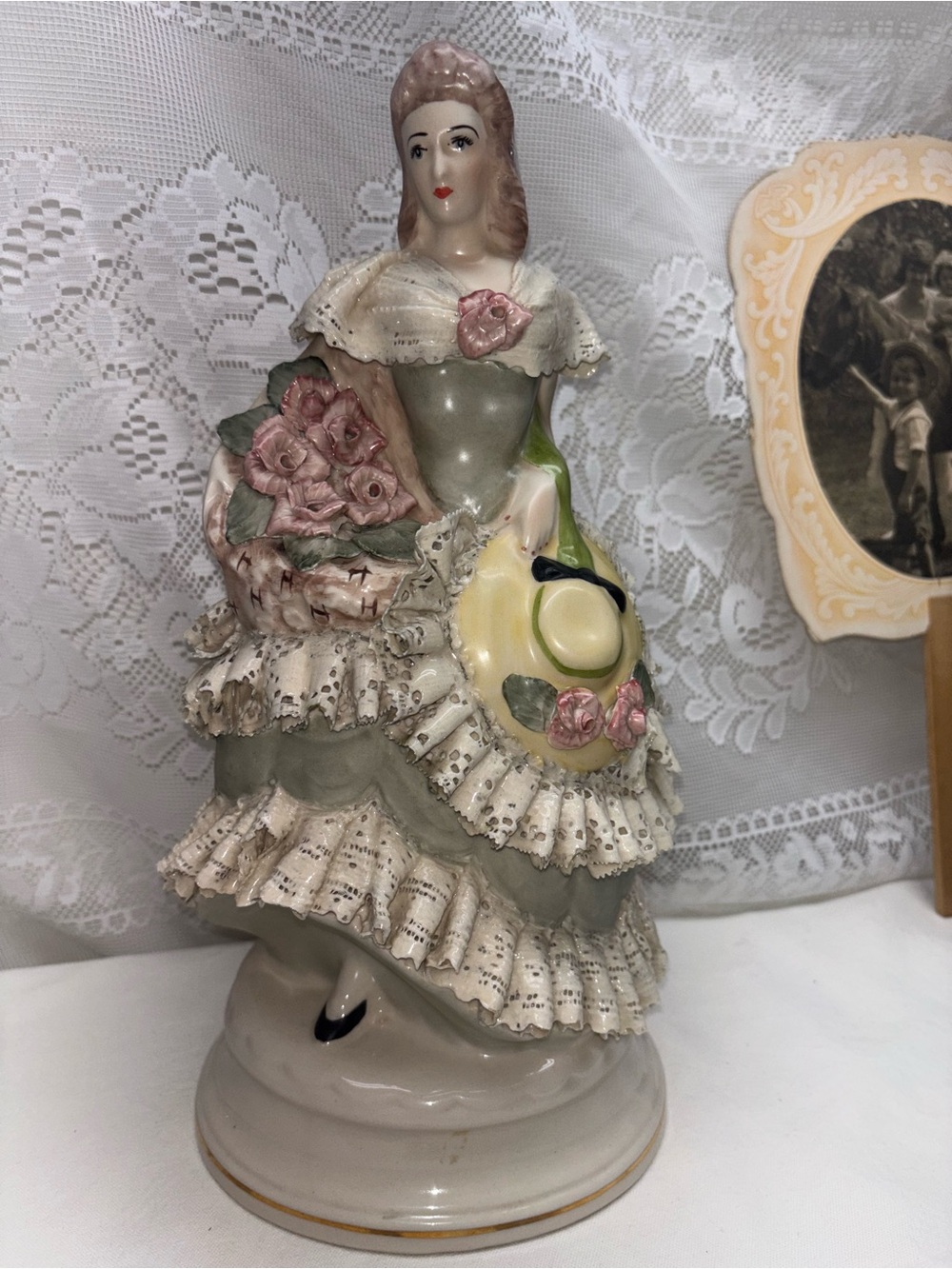 Vintage Porcelain Lady Figurine in Pastel Green and Pink